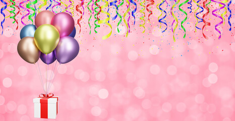 Aufkleber - flying gift box with multicolored balloons on blurred pink or red background with curly ribbon. Empty space for text. 3d rendering