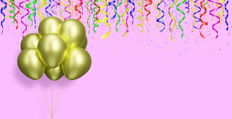 Aufkleber - Bunch of golden or yellow balloons on red or pink background with confetti. Empty space for text. 3d rendering