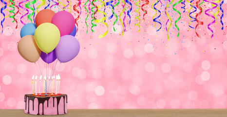 Aufkleber - Birthday cake with bunch of colorful balloons on blurred pink or red blurred background. Empty space for text. 3d rendering