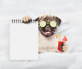 Fototapete - Funny Pug puppy with pieces of cucumber on his eyes holds apple cocktail and relaxing on the bed at beauty salon and showing empty list. Top down view