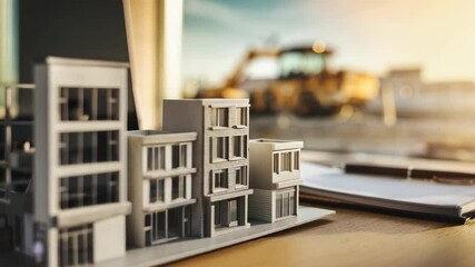 Poster - A miniature architectural model on a desk with construction equipment in the background.
