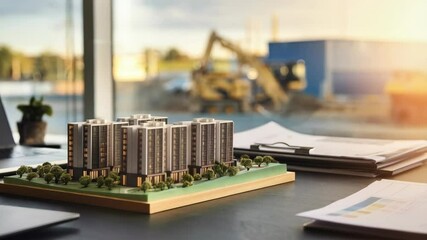Poster - A model of a residential building on a desk, with construction visible outside.