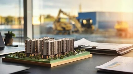 Poster - A scale model of an apartment complex on a desk with documents and a construction site outside.