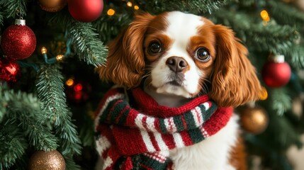 Pet-friendly holidays with a dog wearing a festive scarf, sitting by a decorated tree