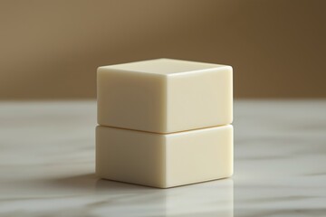 Poster - A minimalist stacked sculpture made of cream-colored material on a light marble surface