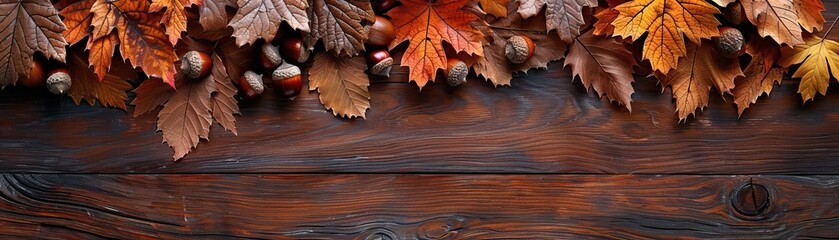 A minimalist shot focusing on the natural elegance of a corner border with autumn leaves and acorns, set against a soft, dark wood background, ample panoramic space for advertising