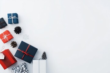 A neat arrangement of wrapped gifts in red, navy, and white with decorative pinecones on a clean, white surface, perfect for festive and holiday occasions.