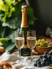 Two elegant champagne flutes filled with sparkling wine are set on table, surrounded by fresh grapes and bottle in background, creating celebratory atmosphere