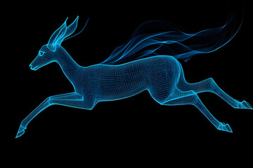 Neon blue wireframe gazelle leaping isolated on black background.