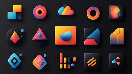 Vibrant geometric icons in dynamic color palette for modern design