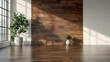 © lnwAI - Bright, modern interior featuring a wooden accent wall, large windows, and potted plants, creating a serene atmosphere in a spacious room.