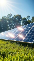 Solar panels reflecting sunlight on green grass field renewable energy sustainability solar panel Ultra realistic Photorealistic 