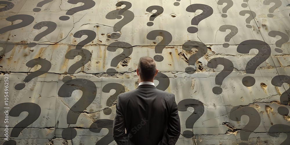 Confused businessman with question mark symbol representing doubt and ...