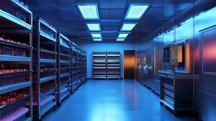 Poster - Modern data center interior with rows of servers glowing in blue light, showcasing advanced technology and digital infrastructure.