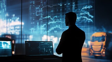 Poster - Silhouette of a businessman analyzing data on multiple screens with financial graphs and transport visuals in a modern office setting.
