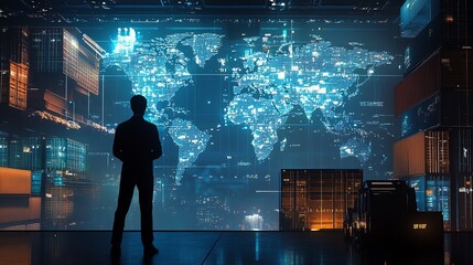 Poster - silhouette of a businessman standing in front of a digital world map screen, symbolizing global comm