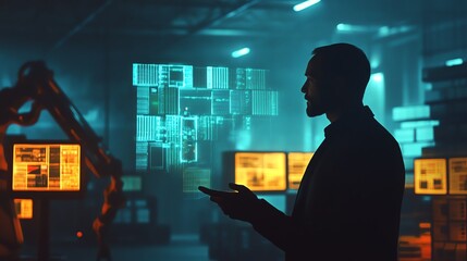 Poster - Silhouette of a man in a futuristic control room with digital screens and robotic arm in the background, illustrating technology and innovation.