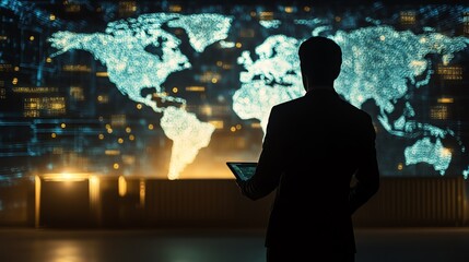 Poster - silhouette of a man with a tablet, standing before a glowing world map. concept of global technology