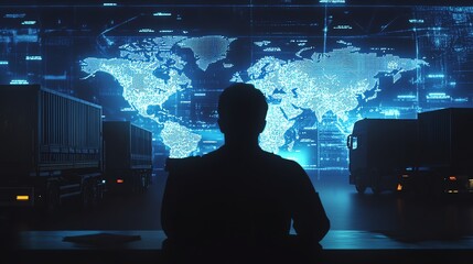 Poster - silhouette of a person in a control room, viewing a digital world map display, surrounded by futuris