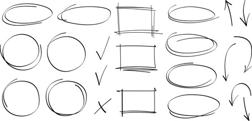 Leinwandbilder - Hand drawn highlight, arrows, text underline strokes and emphasis marks. Set of ellipses, rectangles, squares, ovals and marks. Collection of brush doodle elements and shapes for message notes