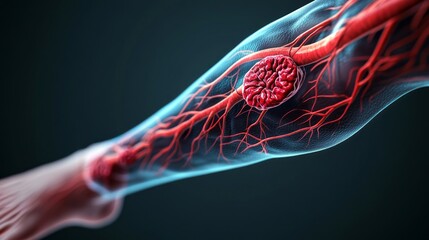 Poster - A close up of a leg with red veins and a red blob in the middle
