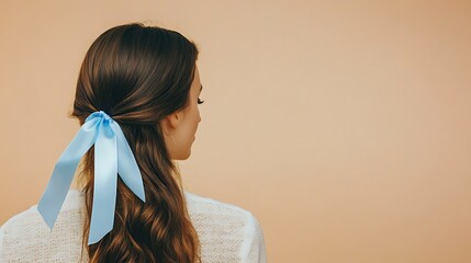 A woman with long brown hair tied with a light blue ribbon, standing in front of a beige background.