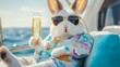 © Koko Art Studio - Party animal rabbit on expensive private yacht with champagne gold watch stylish sunglasses, billionaire dream lifestyle wallpaper background, funny creative animal pet concept unique 3d digital art.