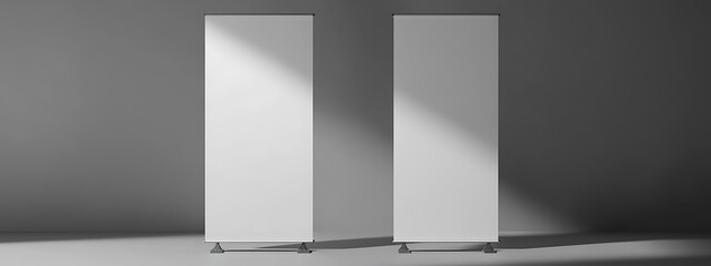  Blank Roll-Up Banners on a Grey Background 