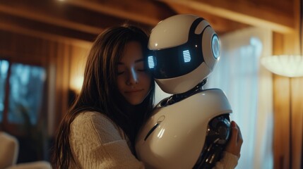 Poster - A woman is hugging a robot