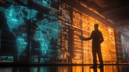 Poster - A silhouette of a person standing in front of a large digital world map display, analyzing data in a modern tech environment.