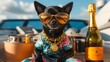 © Koko Art Studio - Rich cool Bulldog on expensive private yacht with champagne gold watch stylish sunglasses, billionaire dream lifestyle background. Funny creative wildlife animal character unique 3d digital artwork.
