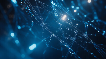 Poster - Abstract network of glowing blue particles connected by delicate strands in a dark background