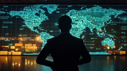 Poster - businessman analyzes global data on a digital world map display, reflecting innovation and technolog