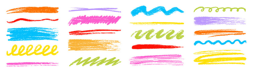 Leinwandbilder - Crayon brush color pencil underline. Crayon pencil line chalk highlight stroke. Vector hand drawn brush sketch element set for accent, texture emphasis paint. Color kid chalk vector illustration