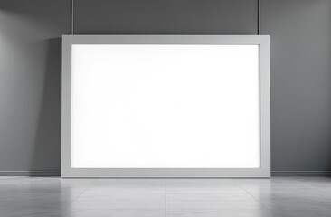 Front view on blank white billboard with place for your text or logo in the center of empty room with glossy floor and dark grey wall background