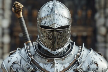 An intricately detailed knight armor stands resolute, reflecting the artistry of medieval craftsmanship and valor.