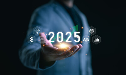 Business growing in 2025. Analytical businessman planning business growth 2025, strategy digital marketing, Goal and target, economy, stock market trends and business, technical analysis strategy