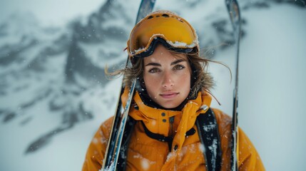 Wall Mural - a cinematic portrait, a beautiful person wearing a ski suit and holding skis, standing in the winter mountain, natural colors