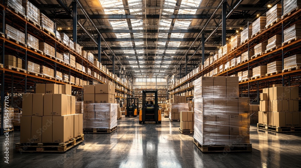 Large warehouse filled with stacked boxes and pallets during daylight ...