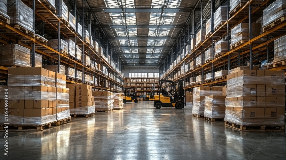 Large warehouse interior filled with stacked boxes and a forklift ...