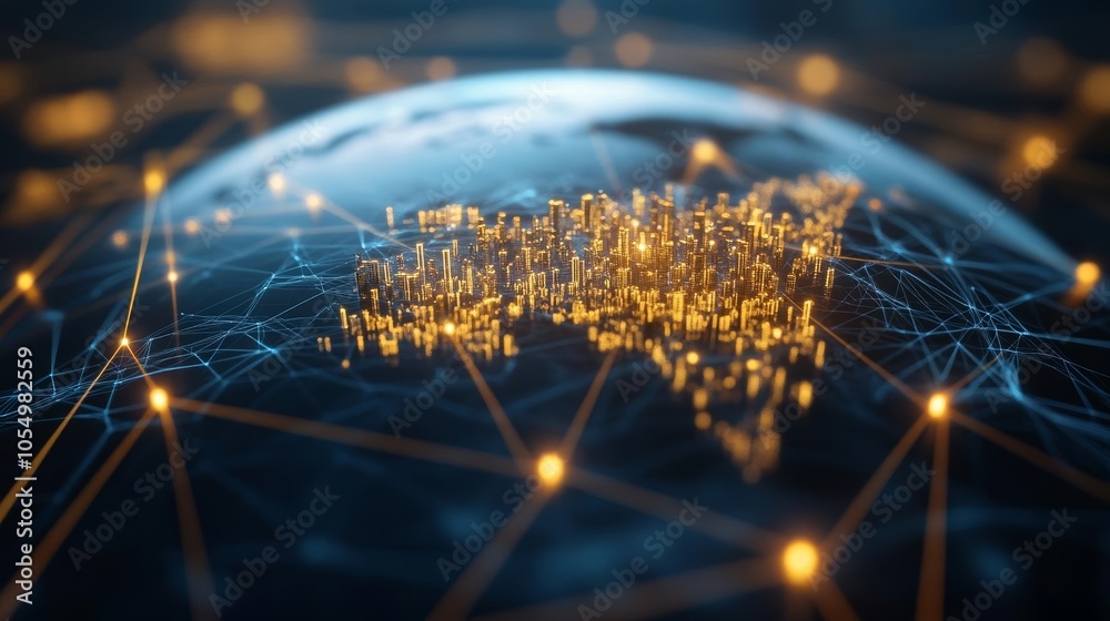 Glowing cities on a futuristic digital globe, connected by network ...