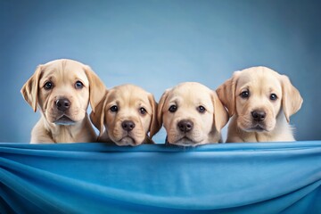 Adorable Group of Labrador Puppies Peeking Behind Bright Blue Banner in Minimalist Style – Heartwarming Pet Photography for Dog Lovers and Puppy Enthusiasts