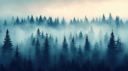 Wall Mural - misty forest landscape at dawn with towering trees shrouded in fog and soft light illuminating the t