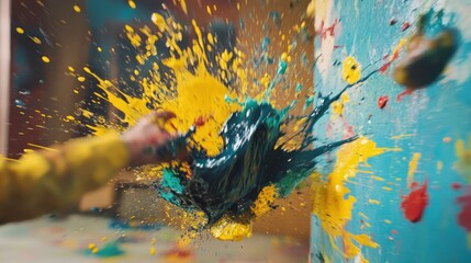 A vibrant splash of paint hits a wall, showcasing an explosion of colors like blue, yellow, and green, evoking creativity and artistic expression.