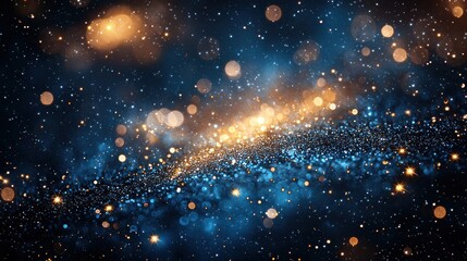 A vibrant depiction of a swirling galaxy filled with stars and cosmic dust in deep blue and shimmering gold tones
