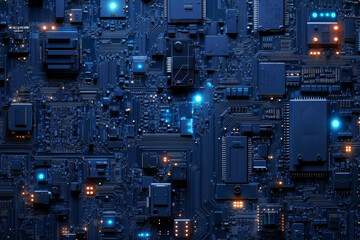 Fototapete - High-tech background with glowing pathways and components on circuit board. Concept of advanced technology and electronics