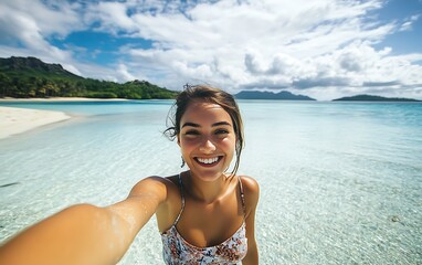 Selfie fun woman taking photo at beach vacation Summer holiday girl happy at smartphone camera taking self-portrait on her travel vacations on pristine paradise beachamazing facefunky girl