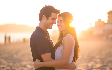 two lovers at santa monica beach holding each other with lens flare and warm image tone