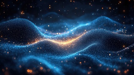 Poster - Dynamic waves of sparkling blue and gold light gracefully undulate under a starry night sky in an ethereal cosmic landscape
