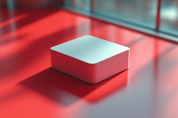Poster - Blank packaging box resting on red surface with window reflection